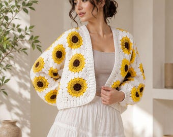 Sunflower Crochet Cardigan, Granny Square Sweater, White Floral Cardigan