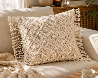 Cotton Macrame Pillow Cover, Boho Geometric Cushion Cover