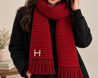 Personalized Burgundy Crochet Scarf, Custom Initial, Fringe Winter Accessory