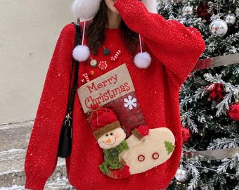 Red Christmas Sweater, Oversized Holiday Knit Pullover, Festive Stocking Design