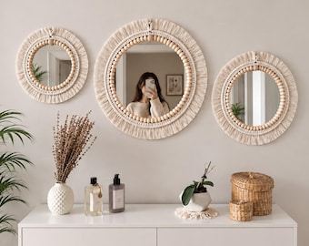 Set of 3 Boho Macrame Wall Mirrors, Round Woven Mirror Set, Wood Bead Wall Decor
