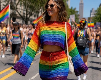 Handmade Rainbow Crochet Crop Top and Mini Skirt Set, Festival Pride Outfit