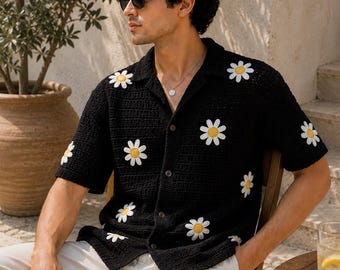 Black Daisy Crochet Shirt Men's Button-Up | Boho Floral Camp Collar Resort Wear