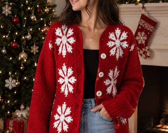 Red Snowflake Crochet Cardigan, Christmas Sweater for Women, Handmade Holiday Cardigan