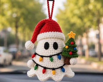 Crochet Christmas Car Ornament, Santa Ghost Rearview Mirror Hanger, Handmade Holiday Car Decor