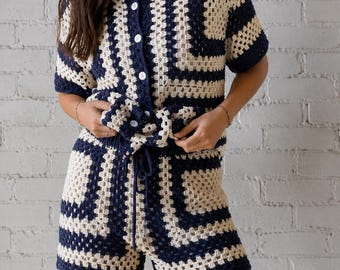 Handmade Crochet Shorts Set | Navy Cream Co-Ord | Resort Vacation Outfit