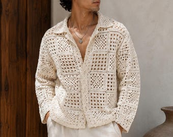 Men's Handmade Crochet Shirt | Cotton Knit Button Up | Boho Resort Wear Vacation Style
