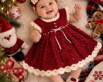 Handmade Crochet Baby Christmas Dress Set, Red Holiday Outfit, First Christmas Gift