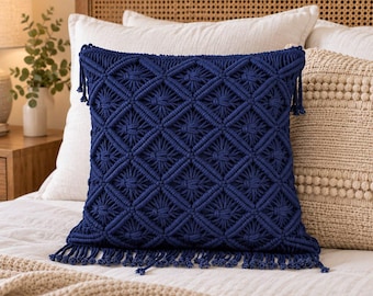 Handmade Navy Blue Macrame Pillow Cover, Boho Floral Knot Design, Fringe Detail