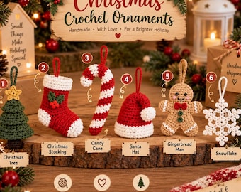 Crochet Christmas Ornaments, Handmade Tree Decorations, Christmas Stocking, Candy Cane, Santa Hat, Gingerbread & Snowflake