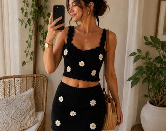 Crochet Daisy Crop Top, Mini Skirt, and Bandana Set, Black Cotton Yarn Cottagecore Outfit