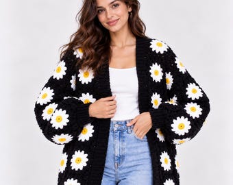Black Daisy Crochet Cardigan, Handmade Granny Square Flower Sweater