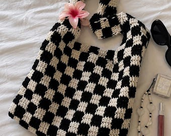 Handmade Crochet Tote Bag | Black & White Checkerboard, Floral Charm Detail