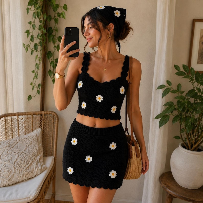 May include: A black crochet two-piece set consisting of a sleeveless crop top and a mini skirt, both featuring a scalloped hem and white daisy flower motifs with yellow centers. A matching black crochet bandana with a white daisy is also included.
