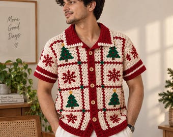Christmas Crochet Shirt for Men, Handmade Holiday Cardigan, Festive Granny Square Top