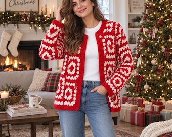 Red White Snowflake Crochet Cardigan, Handmade Christmas Sweater, Womens Holiday Cardigan