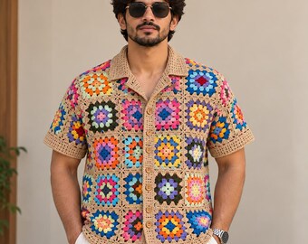 Men's Crochet Shirt, Colorful Granny Square Button-Up, Handmade