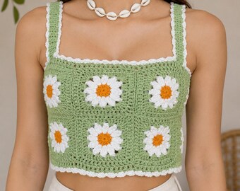 Handmade Daisy Crochet Crop Top, Granny Square Boho Summer Tank Cottagecore