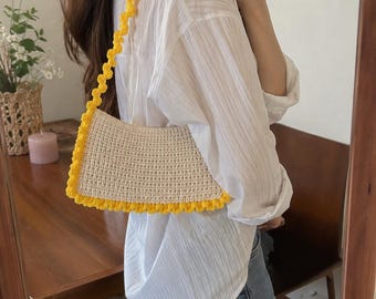 Handmade Crochet Shoulder Bag | Ivory & Yellow Ruffle Trim | Coquette Summer Tote