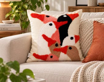 Tufted Bird Cushion Cover, Colorful Boho Pillow, Textured Home Decor