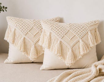 Handmade Macrame Cushion Cover, Boho Cotton Pillow Cover, Textured Tassel Home Decor
