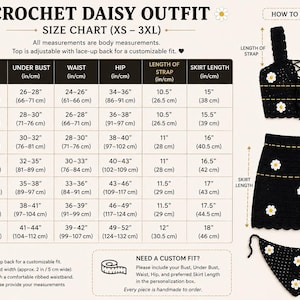 May include: A black crochet daisy outfit size chart featuring a top, skirt, and bandana. The chart lists body measurements in inches and centimeters for sizes XS to 3XL. Diagrams show the top with a lace-up back and the skirt with a high waistband.
