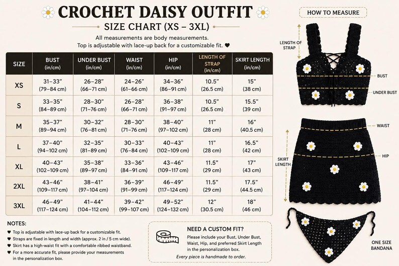 May include: A black crochet daisy outfit size chart featuring a top, skirt, and bandana. The chart lists body measurements in inches and centimeters for sizes XS to 3XL. Diagrams show the top with a lace-up back and the skirt with a high waistband.