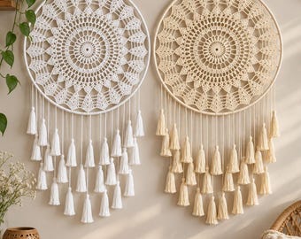 Set of 2 Crochet Mandala Dream Catchers, White & Cream Boho Wall Hanging (12" Diameter)