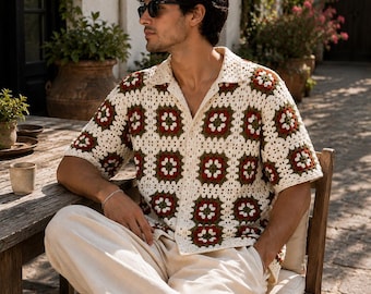 Men's Crochet Granny Square Shirt | Boho Camp Collar Button-Up Top