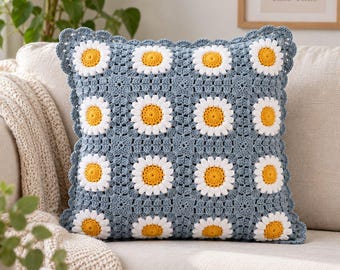 Crochet Daisy Pillow Cover, Blue Floral Cushion, Handmade Boho Home Decor