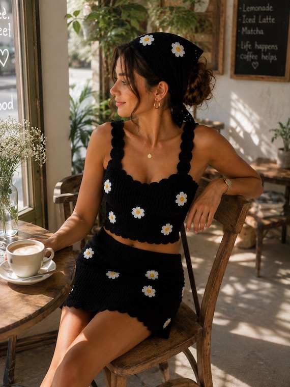Crochet Daisy Crop Top, Mini Skirt, and Bandana Set, Black Cotton Yarn Cottagecore Outfit