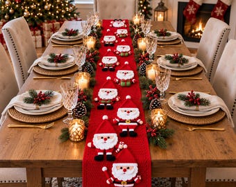 Handmade Red Crochet Table Runner, 3D Santa Christmas Decor