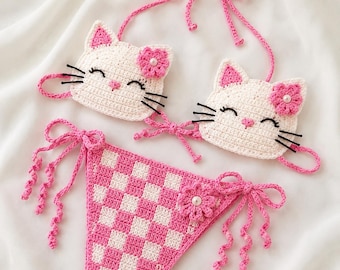 Pink Cat Crochet Bikini Set, Handmade Checkerboard Swimwear, Custom Size Bikini