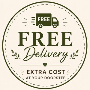 May include: A circular graphic with a cream background and dark green border. It features a stylized truck icon, the text FREE DELIVERY, a small heart symbol, and the text EXTRA COST AT YOUR DOORSTEP, accented by two small leaf sprigs on the sides.