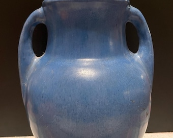 Vintage Fort Ticonderoga Art Pottery Vase | H.A. Graack Blue Glaze Double Handle Urn | 1930s Souvenir Studio Pottery