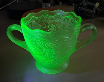 Vintage Uranium Glass Sugar Bowl, Green Grape Pattern Two Handled Open Sugar, Glows Under UV, Scalloped Rim