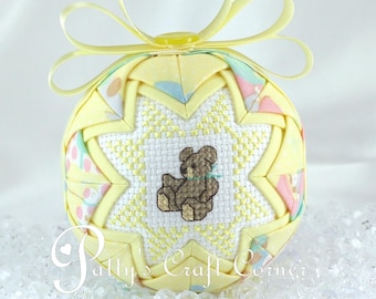Baby's First Christmas Quilted Ornament – Teddy Bear Cross-Stitch, Handmade Decoration