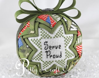 Military Christmas Ornament, Cross Stitch Camouflage Quilted Keepsake