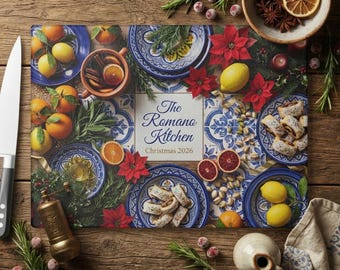 Tabla de cortar de vidrio personalizada, decoración navideña italiana para la cocina, regalo navideño mediterráneo, recuerdo familiar personalizado, flor de Pascua cítrica