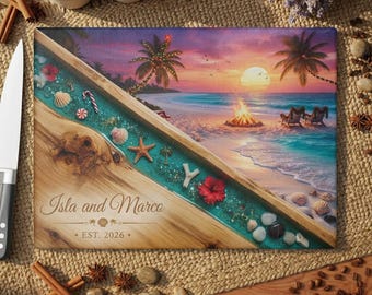 Tabla de cortar navideña tropical personalizada, tabla para servir para las vacaciones en la playa, regalo personalizado para parejas, decoración navideña costera para la cocina