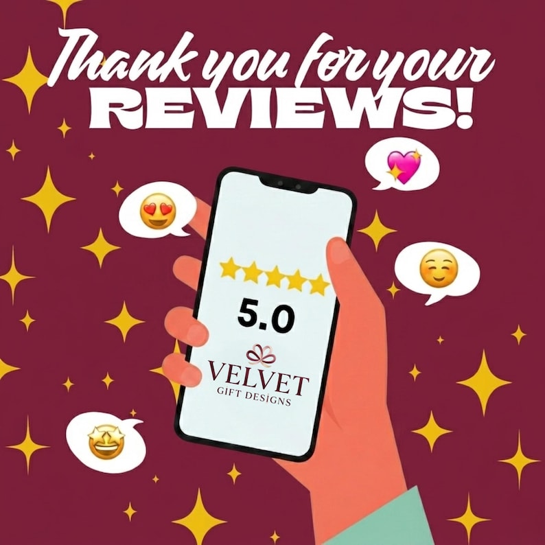 a hand holding a smartphone displaying a 5.0 rating from Velvet Gift Designs, surrounded by stars and emojis.