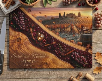 Tabla de cortar personalizada con motivos de viñedos, tabla para servir con temática vinícola, regalo personalizado para parejas, decoración rústica de cocina, recuerdo de boda en una bodega.