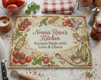 Personalized Italian Nonna Chaos Glass Cutting Board – Custom Kitchen Decor, Recipes Made with Love
