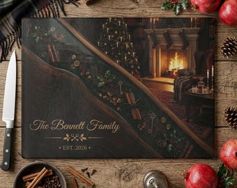 Tabla de cortar navideña personalizada, tabla para servir acogedora junto a la chimenea, regalo familiar personalizado, decoración rústica navideña para la cocina, recuerdo invernal para el hogar.