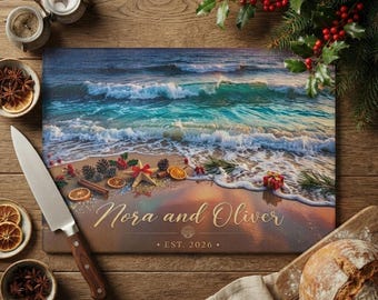Tabla de cortar de vidrio personalizada, regalo navideño costero, decoración de cocina para casa de playa, recuerdo familiar personalizado, regalo navideño con temática oceánica para el hogar.