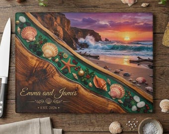 Tabla de cortar costera personalizada, tabla para servir con diseño de puesta de sol en la playa, regalo personalizado para parejas, decoración de cocina oceánica, recuerdo de concha marina para bodas.
