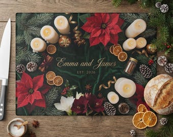 Tabla de cortar navideña personalizada, tabla para servir navideña con diseño de flor de Pascua, regalo personalizado para parejas, recuerdo de decoración navideña botánica para la cocina
