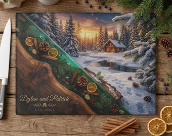 Tabla de cortar navideña personalizada, tabla para servir estilo cabaña de invierno, regalo personalizado para parejas, decoración rústica navideña para la cocina, recuerdo de bosque nevado