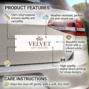 The image is a product advertisement for a company called Velvet Gift Designs, featuring a close-up of a car's rear bumper with a custom-made bumper sticker.