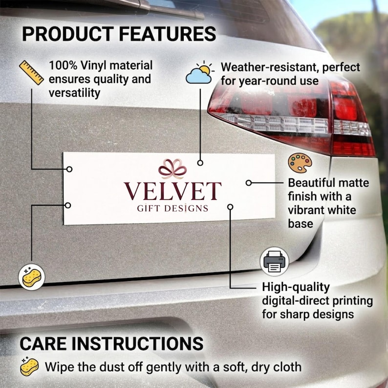 The image is a product advertisement for a company called Velvet Gift Designs, featuring a close-up of a car's rear bumper with a custom-made bumper sticker.